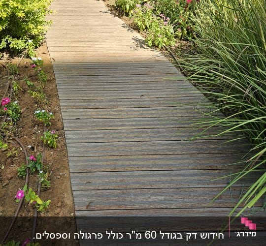 שביל עץ בגינה עם צמחים ופרחים מסביב